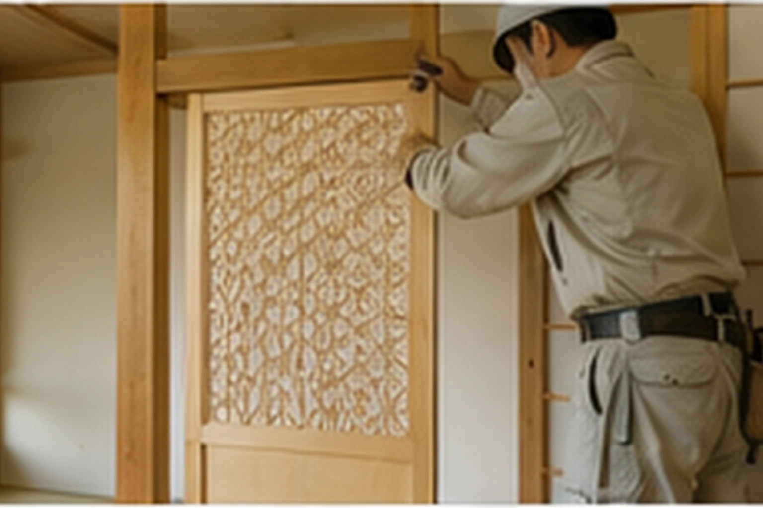 組子入りの建具を現場で取り付ける職人
